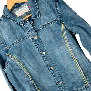 BRAKEBURN Women's 4/6 (UK 12) Blue Cotton Blend Embroidered Striped Denim Jacket